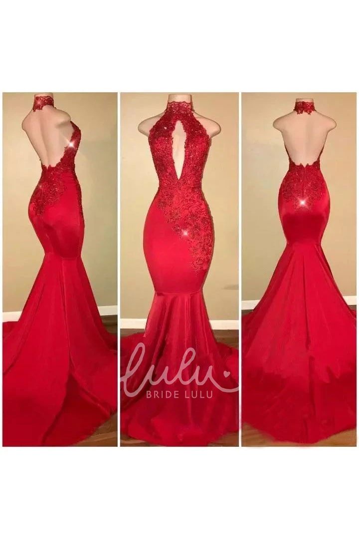 Sexy Mermaid Hater Dress with Appliques Satin Fabric and Open Back