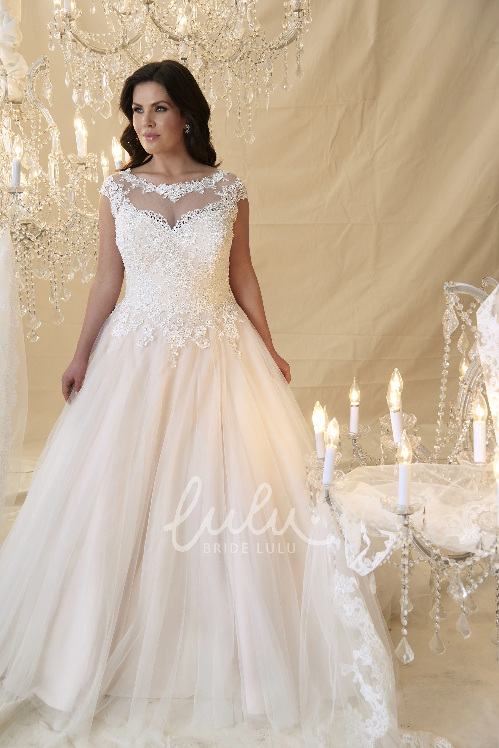 Keyhole Cap-Sleeve Ball Gown Wedding Dress with Lace & Tulle
