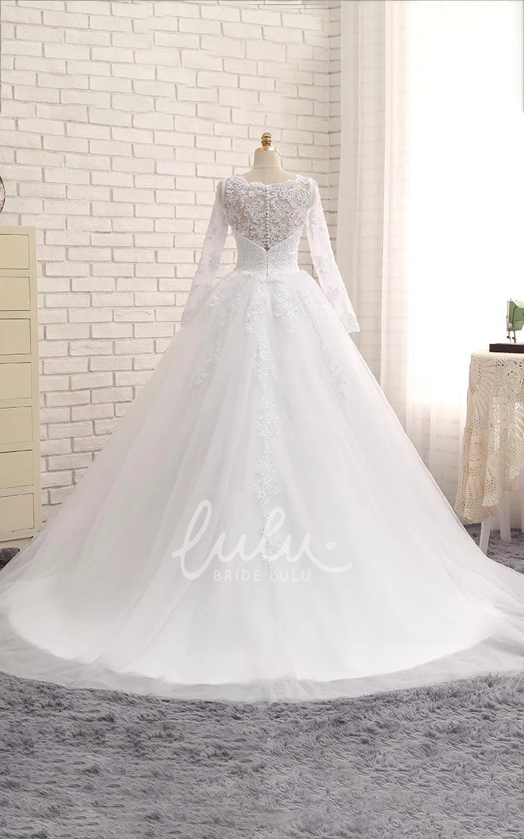 Jewel Long Sleeve Lace Appliques Tulle Dress Modern A-Line Bridal Gown