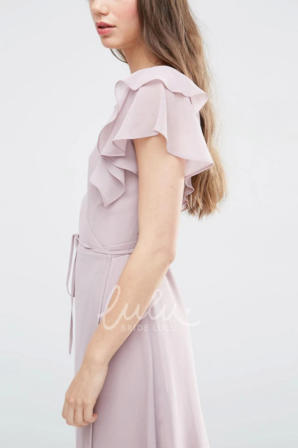 Split Front Chiffon Bridesmaid Dress with Poet-Sleeves and V-Neck in Ankle-Length Sheath Style
