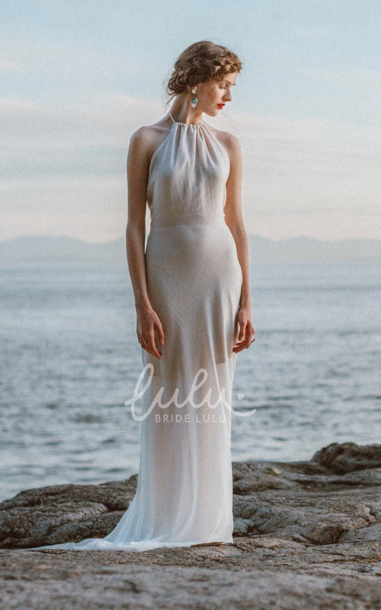 Chiffon Halter Neck Backless Sheath Wedding Dress