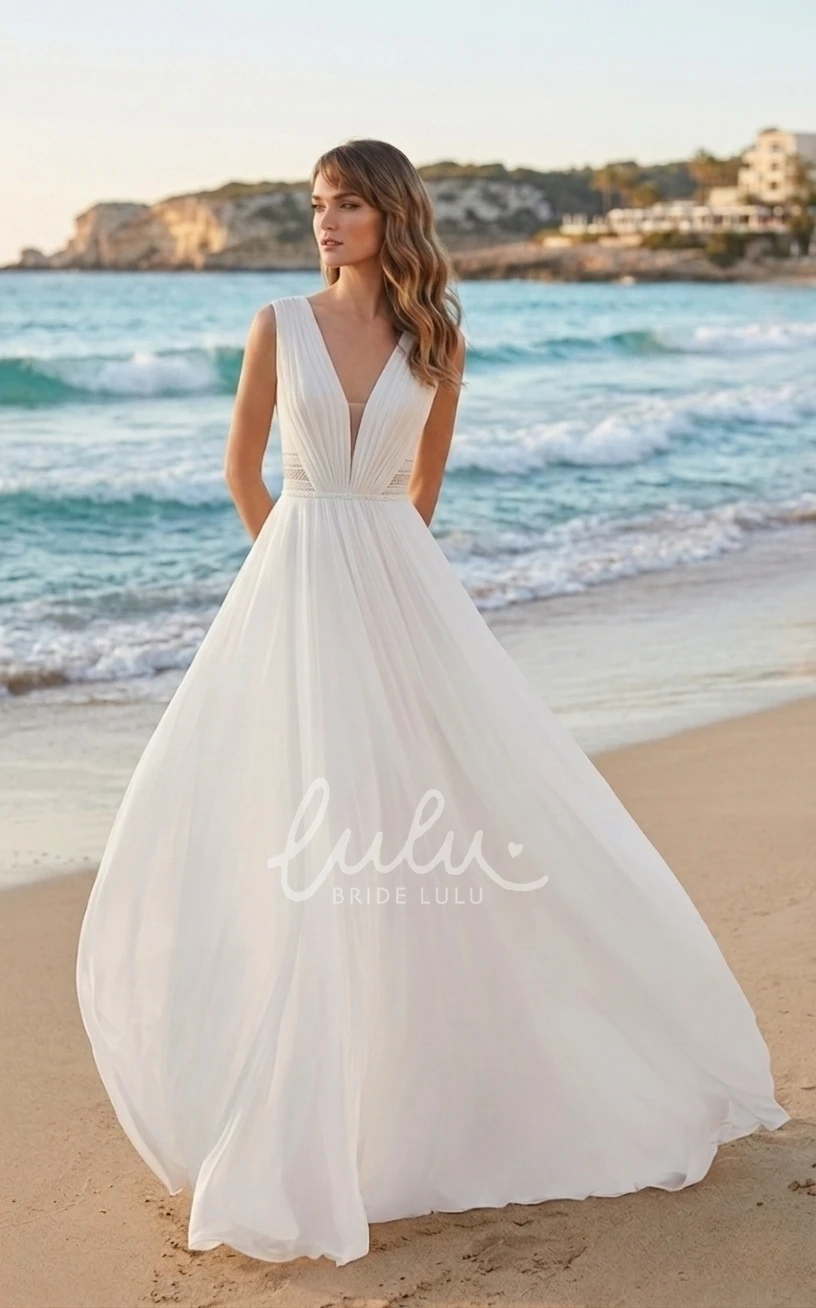 Simple Solid Chiffon Lace Sleeveless A-Line Plunging V-neck Spring Wedding Dress Chic Elegant Ethereal Floor-length Backless Bridal Gown with Train