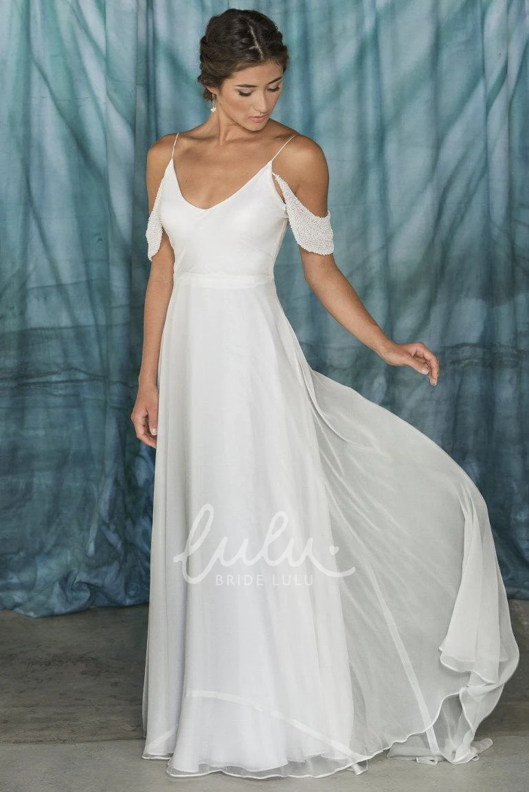 Chiffon A-Line Wedding Dress with Spaghetti Straps and V-Neck