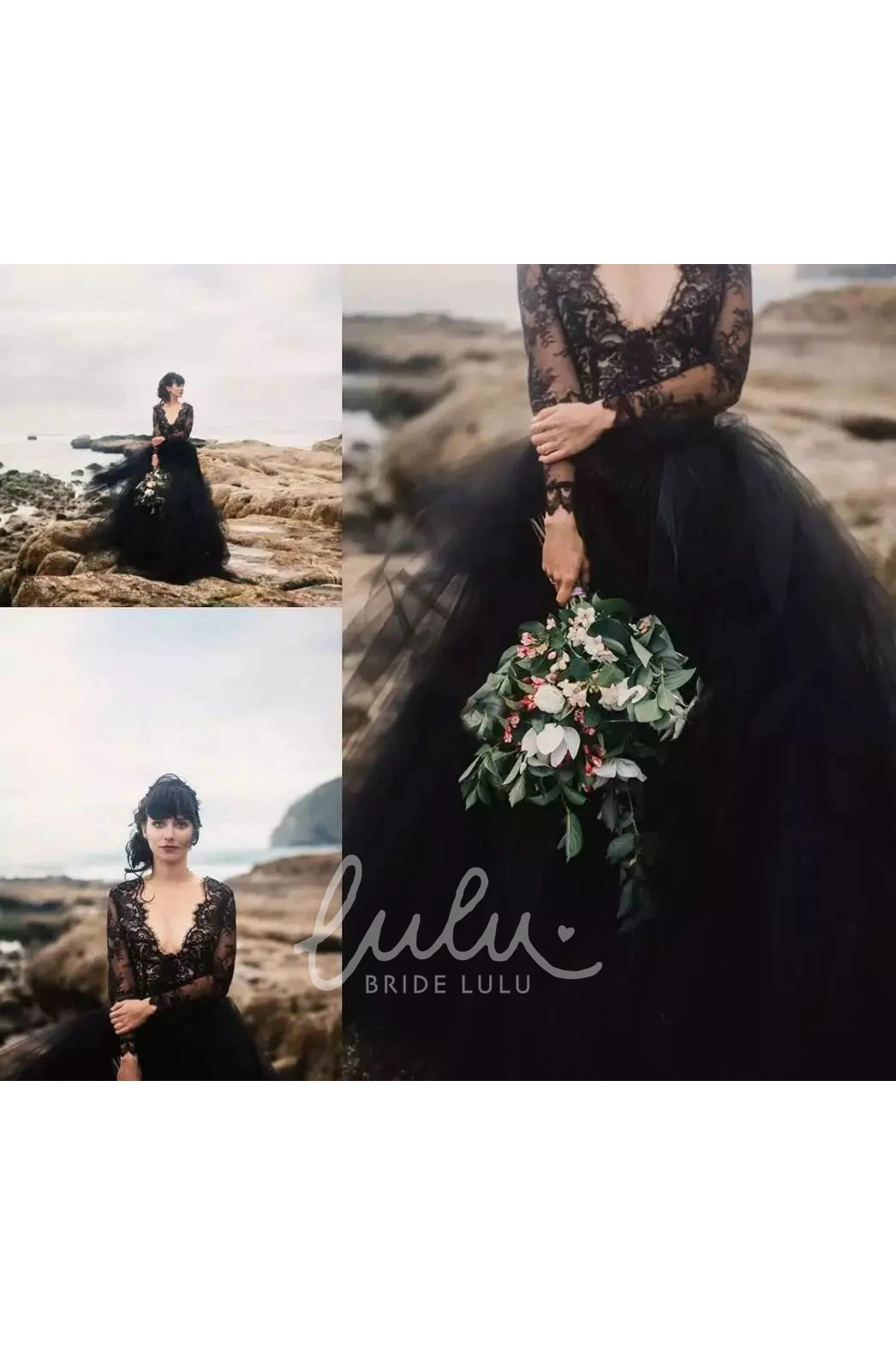 Open Back Lace Tulle Wedding Dress with V-Neck and Long Sleeves