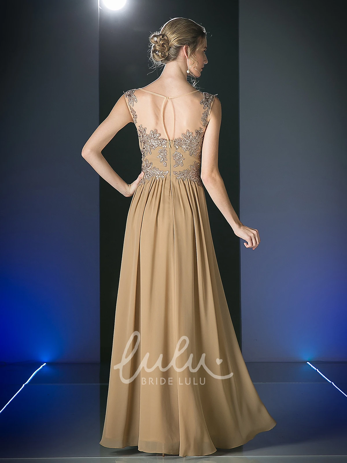 Scoop-Neck Sleeveless Sheath Dress with Appliques and Illusion in Chiffon Fabric