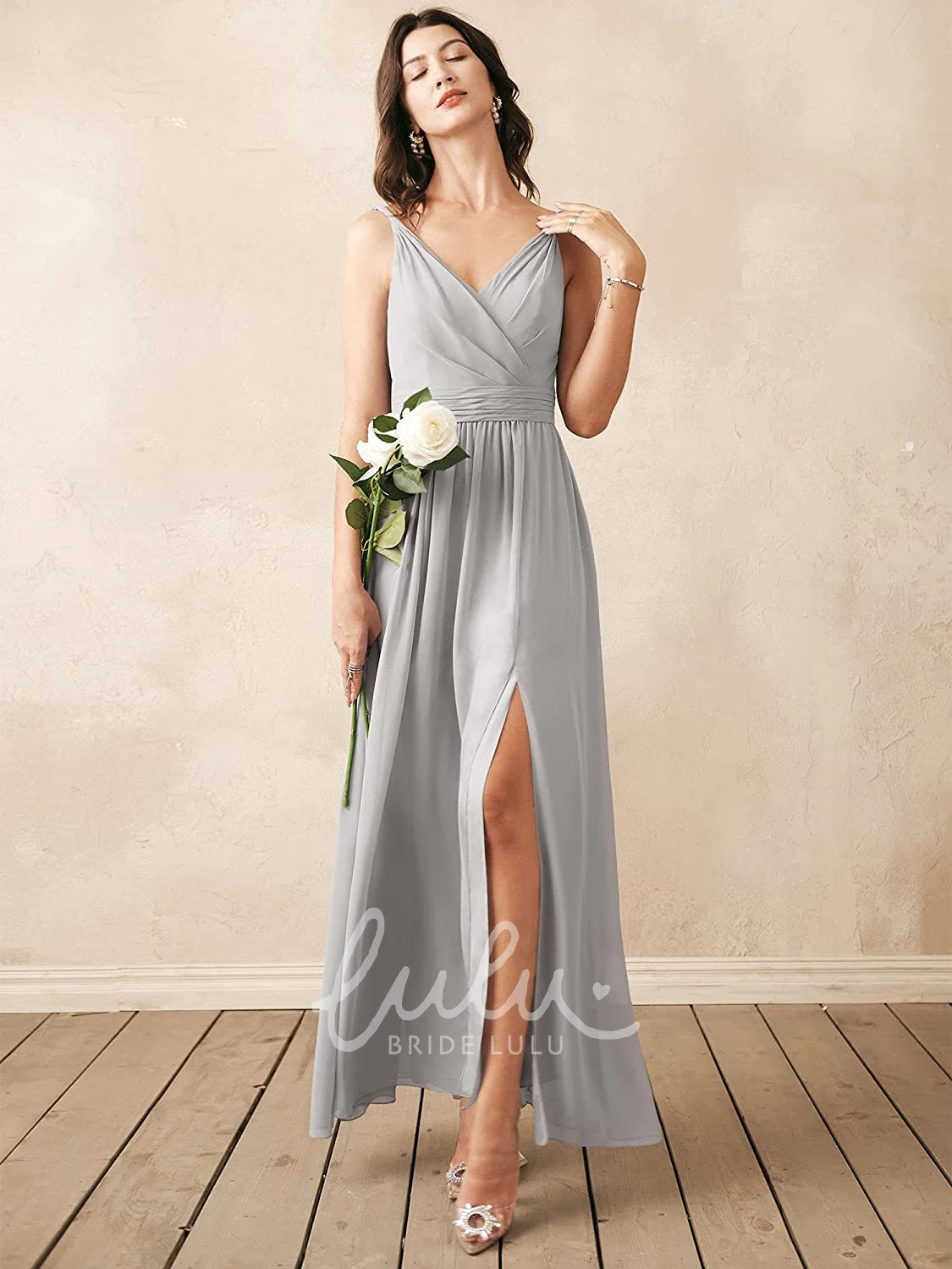 Sleeveless V-neck Chiffon A-line Bridesmaid Dress with Ruching Romantic