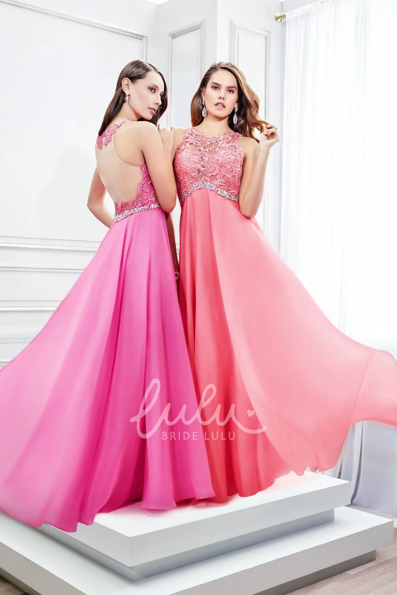 Satin Chiffon Floor-Length Prom Dress with Applique and Scoop Neck