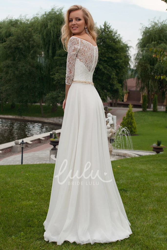 Chiffon Wedding Dress with Scoop Neck and 3-4 Sleeves Unique Bridal Gown