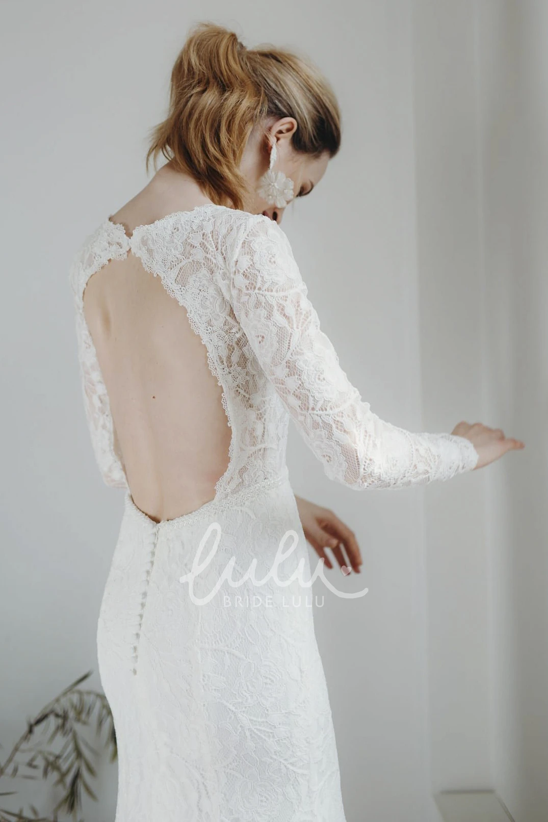 Sexy Sheath Lace Wedding Dress with Plunging V-neck Long Sleeves and Keyhole Back