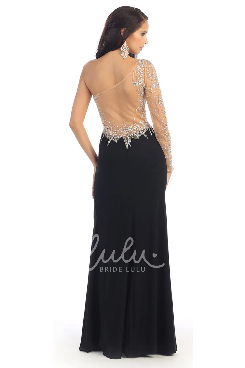 Illusion One-Shoulder Long Sleeve Formal Dress with Front Split and Beading