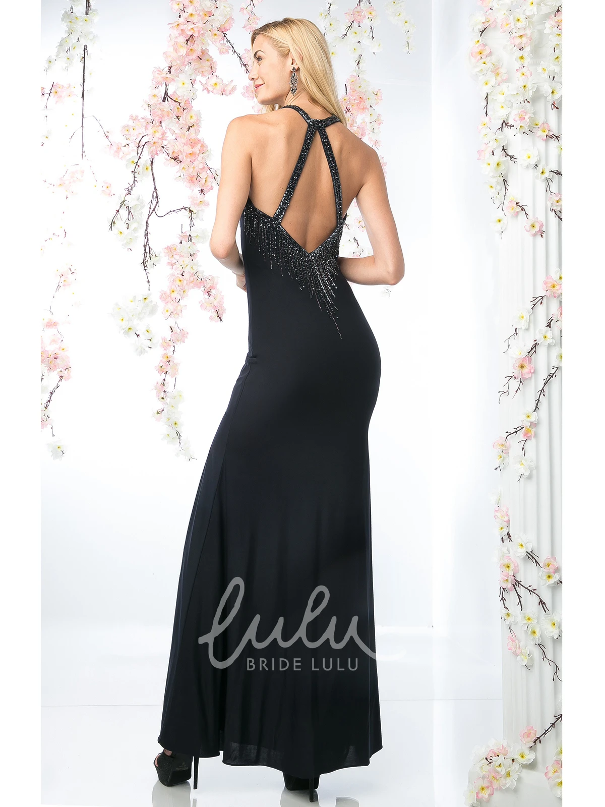 Halter Jersey Sequin Ankle-Length Formal Dress Sheath Style