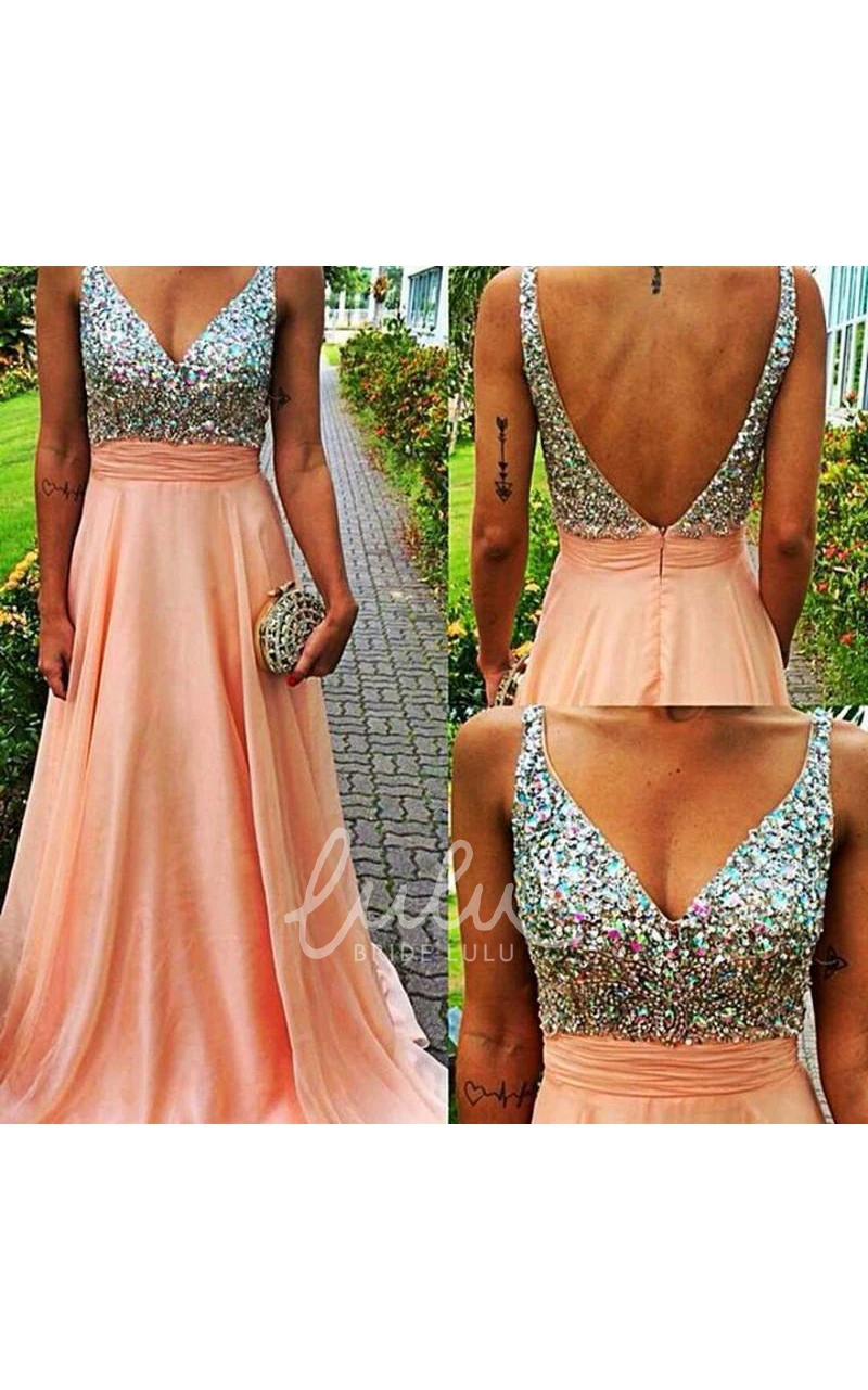 Chiffon Prom Dress with Crystals Glamorous V-neck Sleeveless