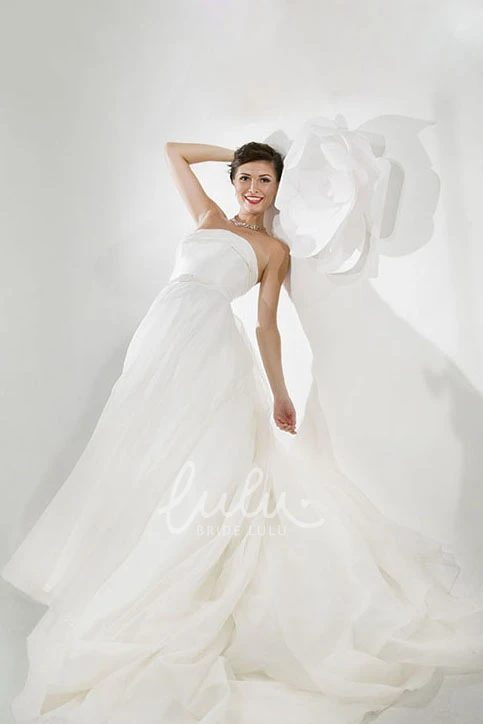 A-Line Strapless Satin Wedding Dress with Chapel Train and Backless Style Sleeveless Long