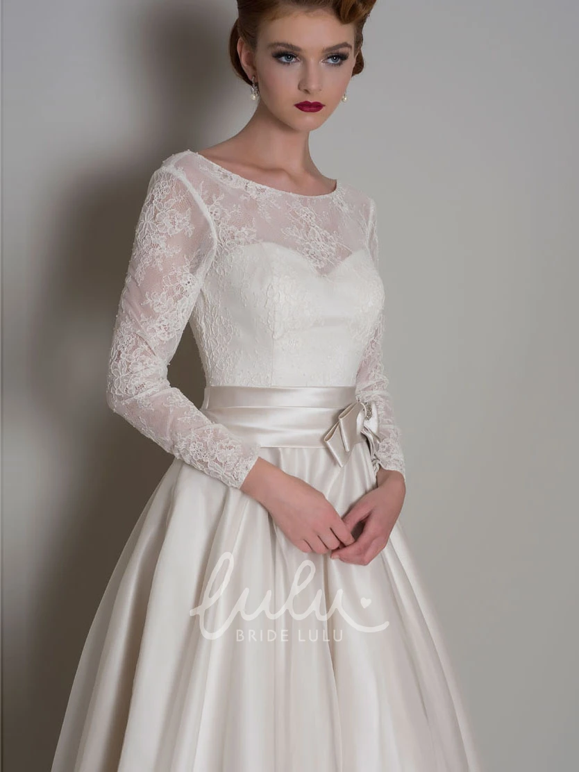 Satin&Tulle Floor-Length A-Line Wedding Dress with Bow Lace Long-Sleeve Bridal Gown