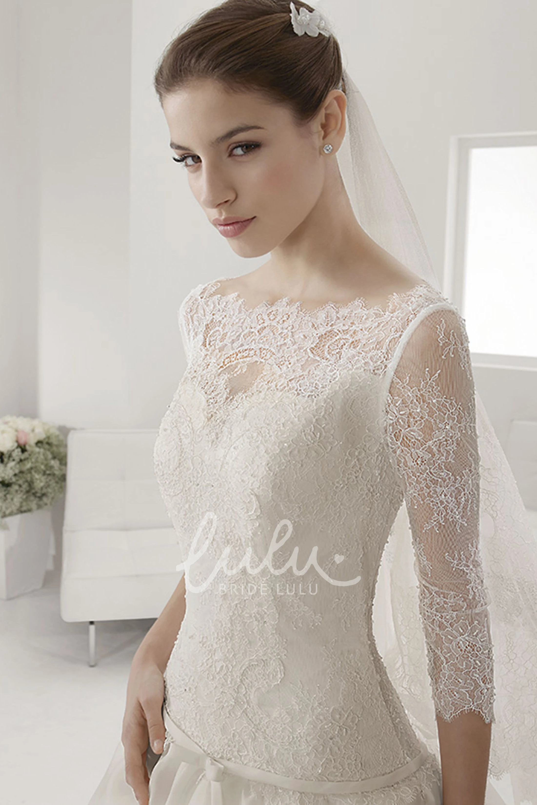 Bateau Ball Gown with Illusion Neckline Sash and 3-4 Sleeves