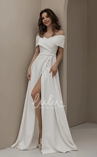 Casual Satin A-Line Wedding Dress with Off-the-shoulder Neckline Beach Garden Style