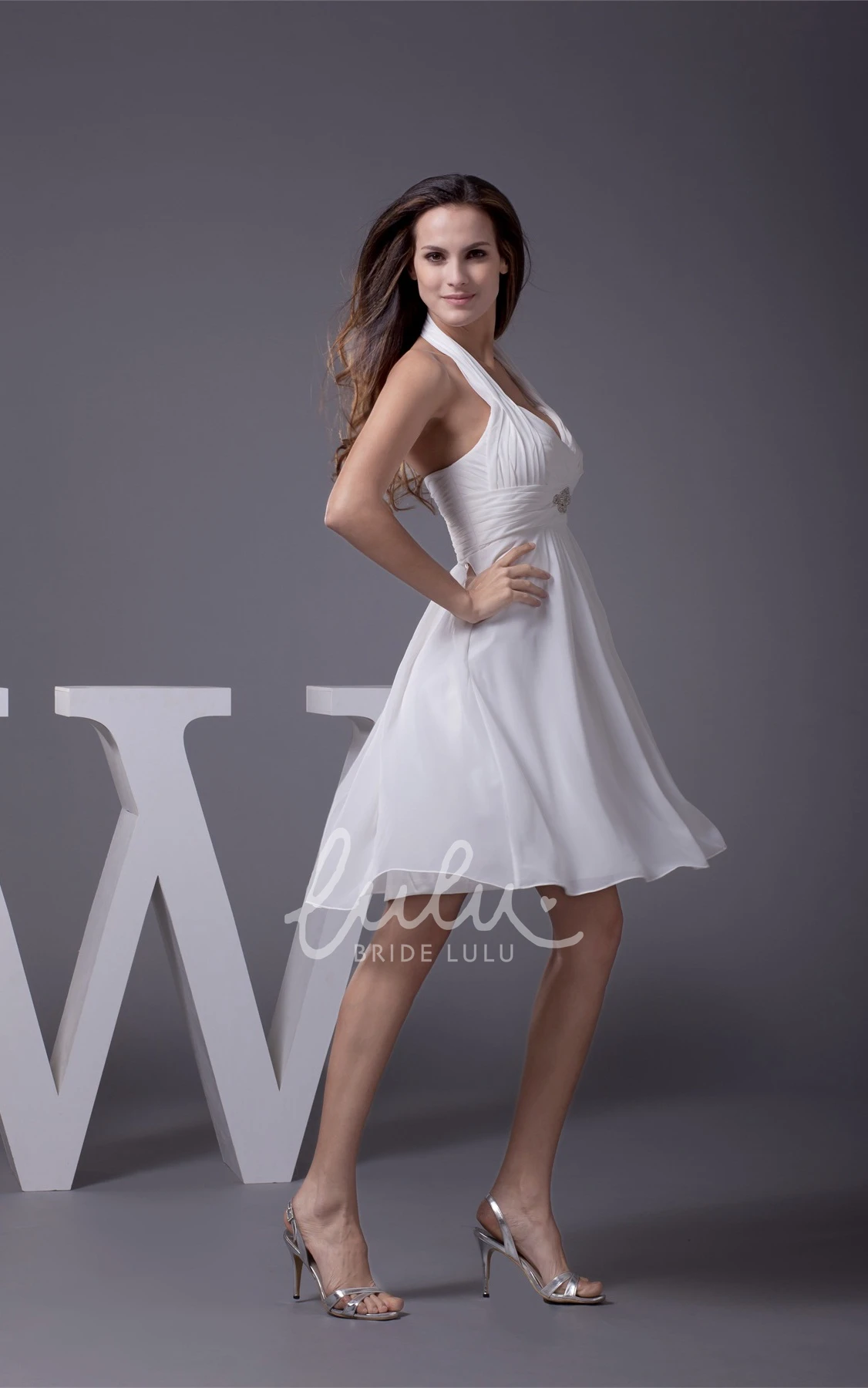 Halter A-Line Dress with Ruching and Beadings Knee-Length Sleeveless Classy