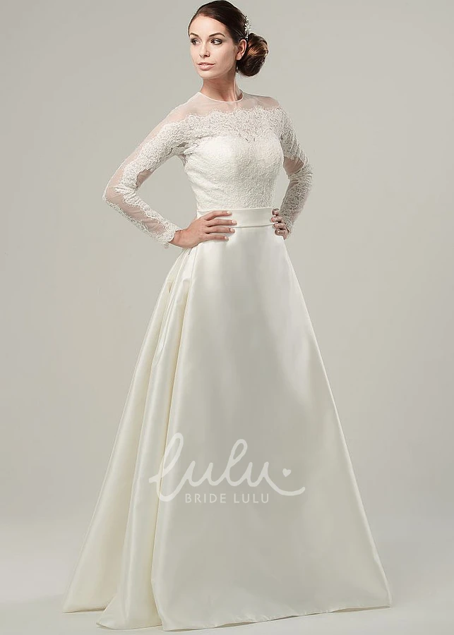 Illusion High Neck A-Line Satin Wedding Dress with Long Sleeves