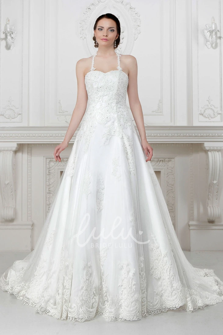 Spaghetti Appliqued Lace&Satin A-Line Wedding Dress Flowy Beach Bridal Gown