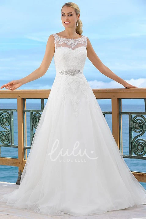 Jeweled Tulle Floor-Length Wedding Dress with Bateau Neckline