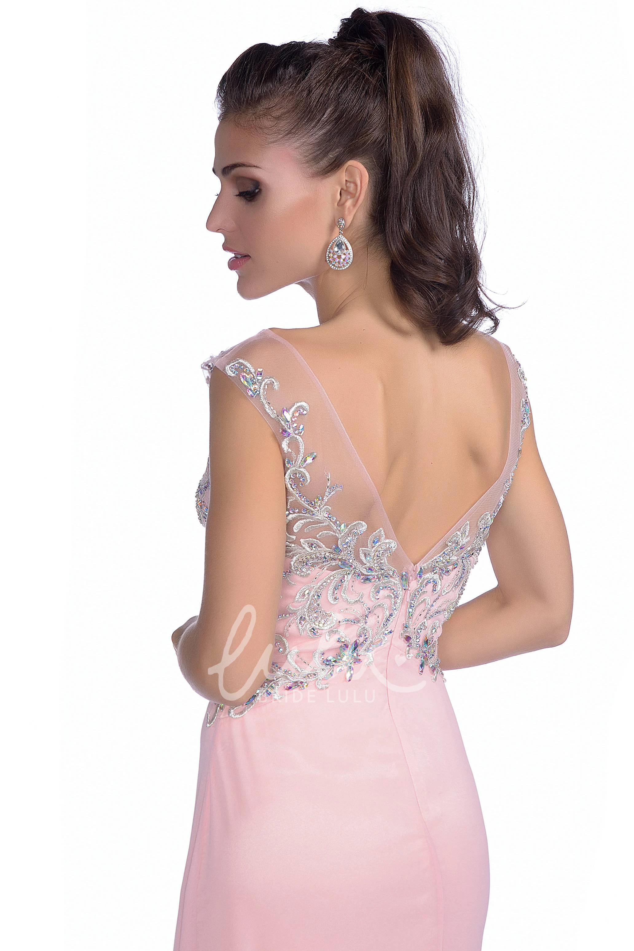 Chiffon A-Line Prom Dress with Cap Sleeve and Low-V Back Flowy Prom Dress Women