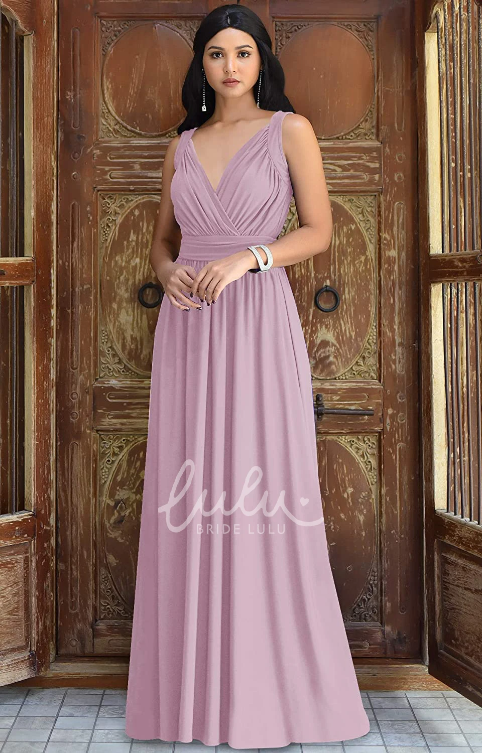 Chiffon V-neck A-line Bridesmaid Dress with Ruching Casual Floor-length