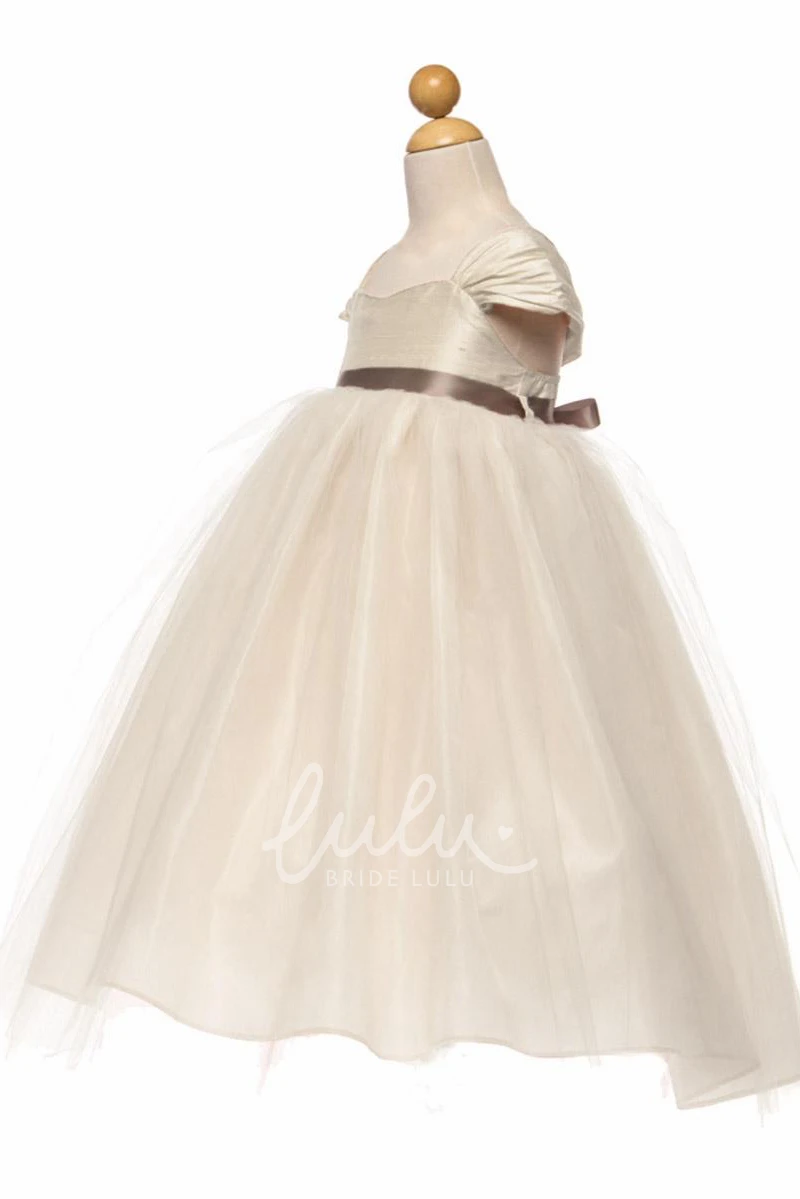 Cap-Sleeve Tulle & Satin Ruched Tea-Length Flower Girl Dress Modern Wedding Dress