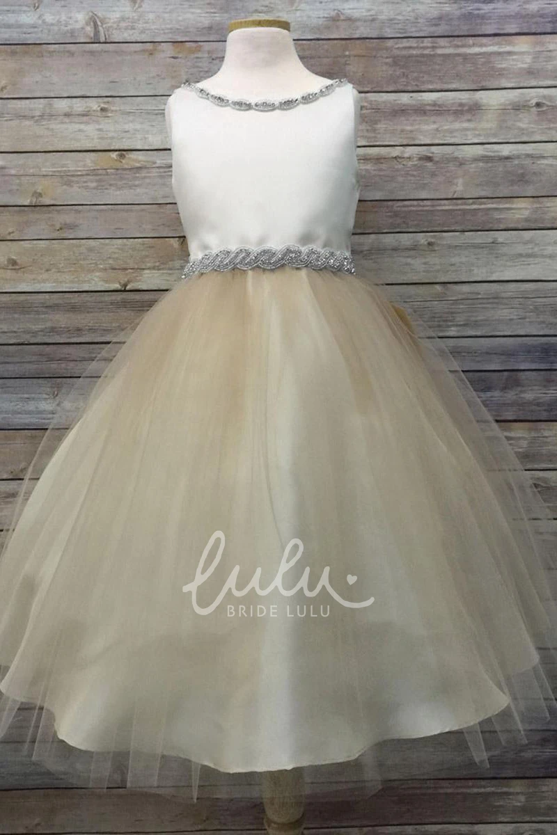 Beaded Tulle Tea-Length Flower Girl Dress with V-Neck