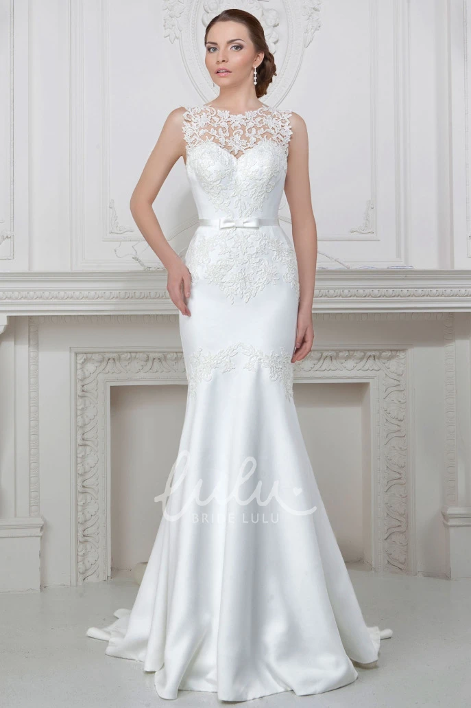 Sleeveless Maxi Jewel-Neck Satin Sheath Wedding Dress Classy Bridal Gown