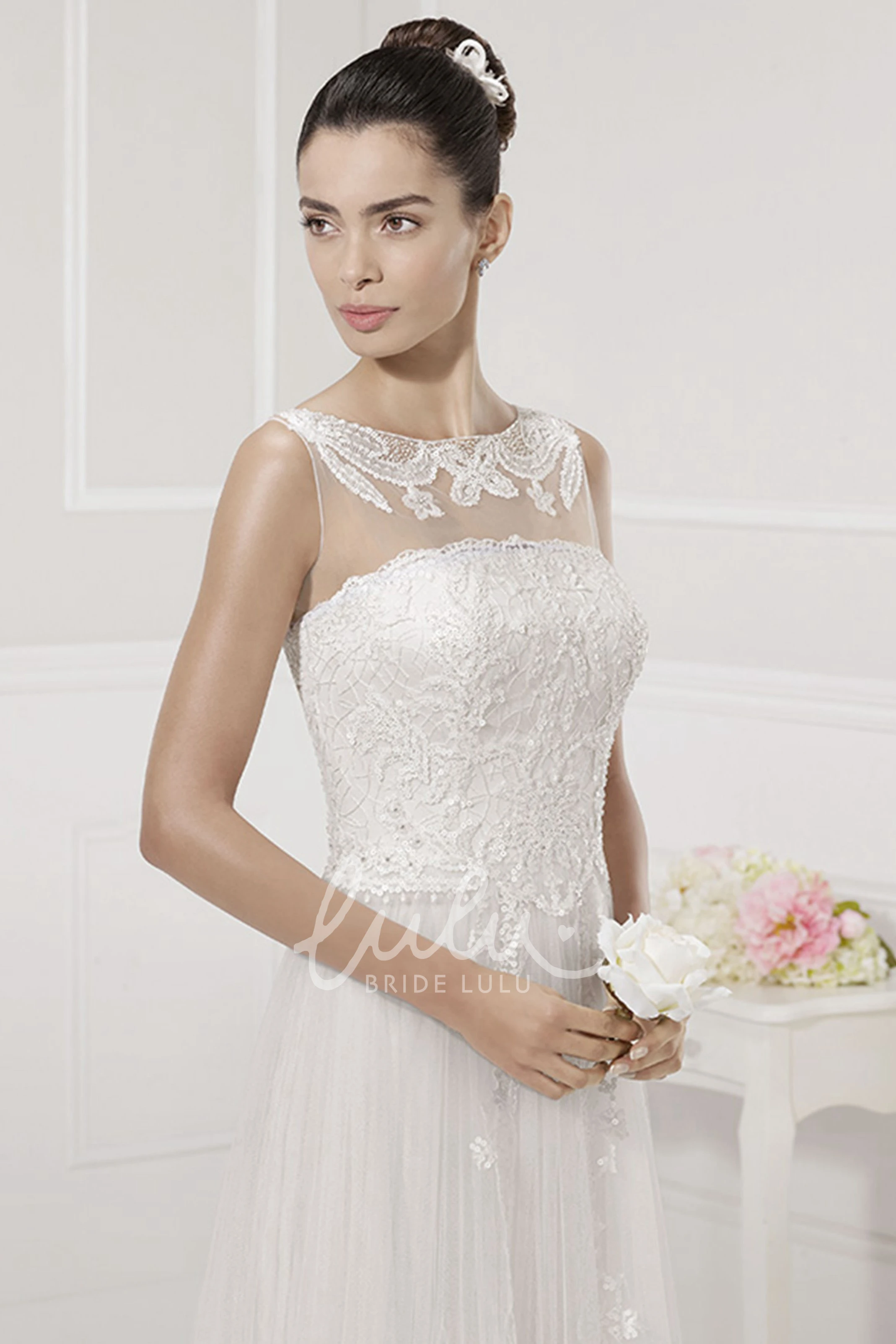 Sequined Tulle Strapless Wedding Dress with Removable Illusion Neckline