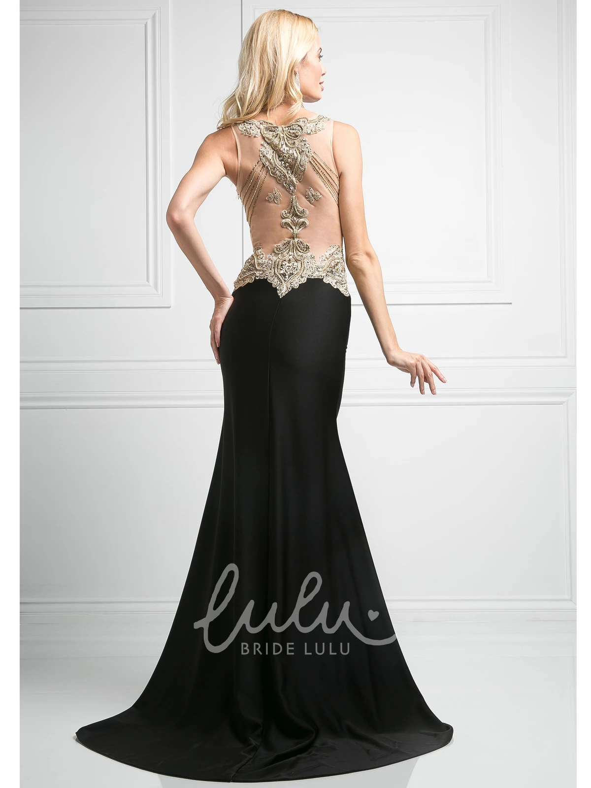 V-Neck Beaded Sheath Jersey Bridesmaid Dress with Illusion and Split Front