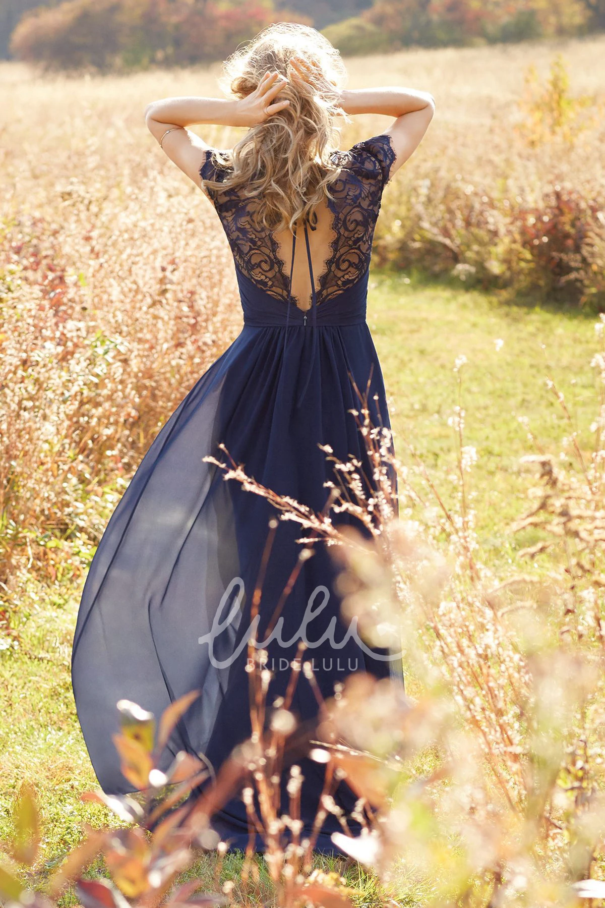 A-Line Chiffon Bridesmaid Dress with Cap-Sleeves Long Ruched V-Neck Lace and Keyhole Back