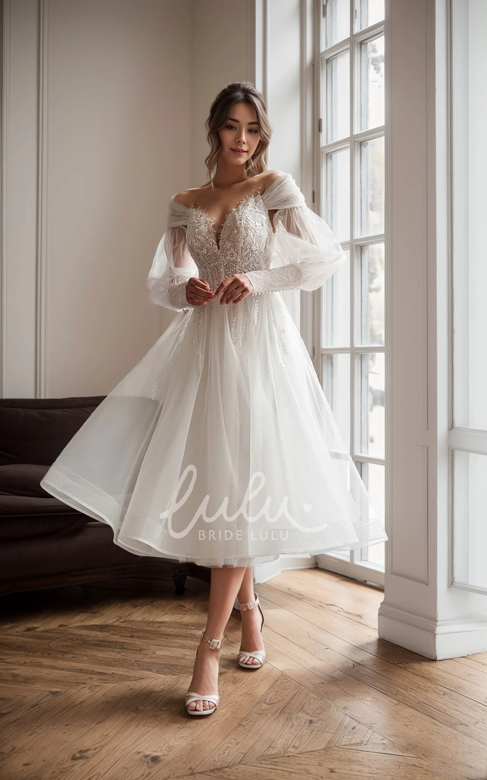 A-Line Tea Length Vintage Boho Bridal Gown with Long Sleeve Garden Wedding Dress