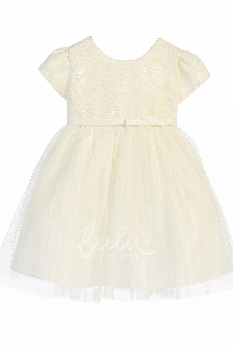 Satin Bow Tea-Length Flower Girl Dress with Lace