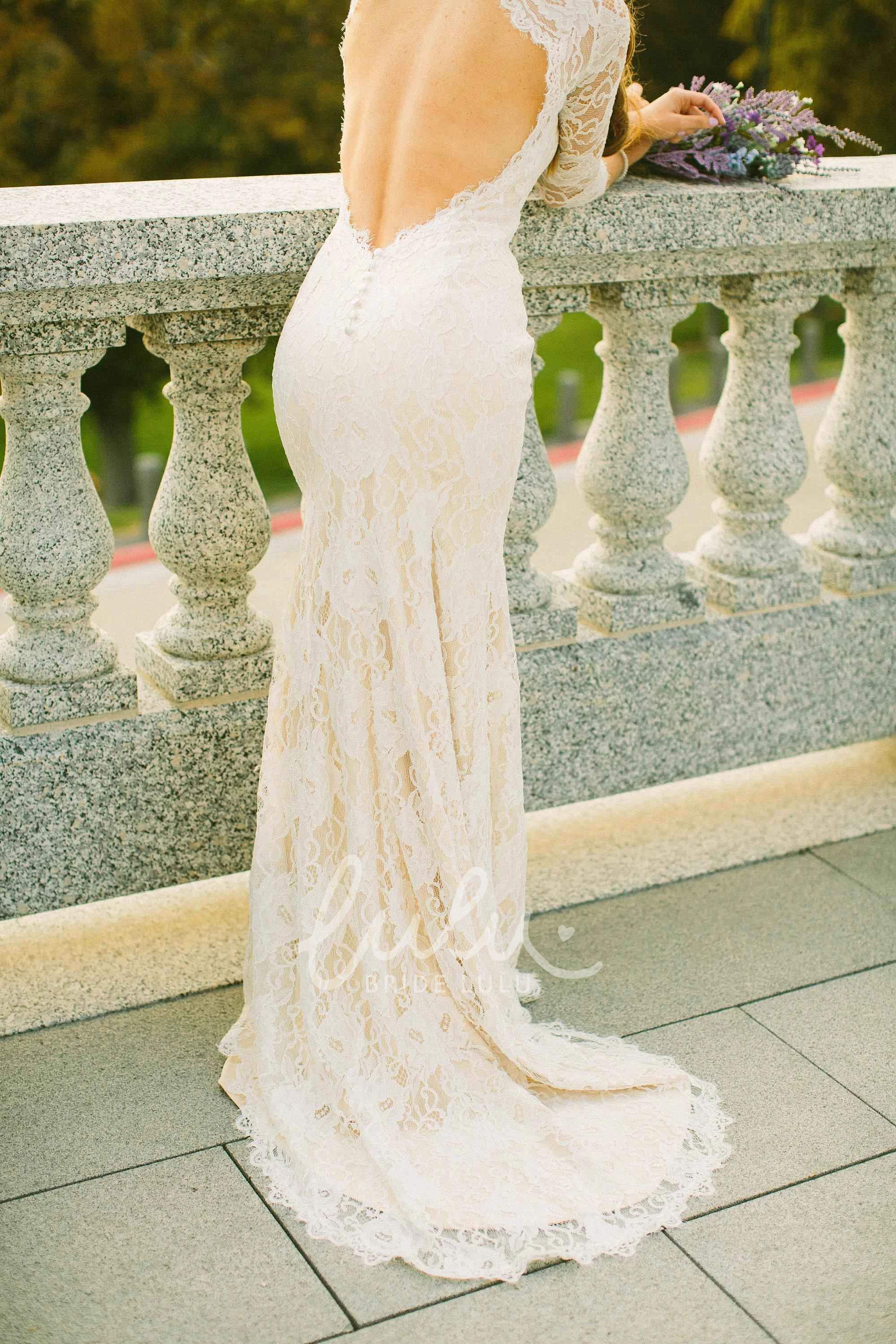 Illusion Sleeve Satin Lace Wedding Dress with Keyhole Modern Satin Lace Wedding Dress