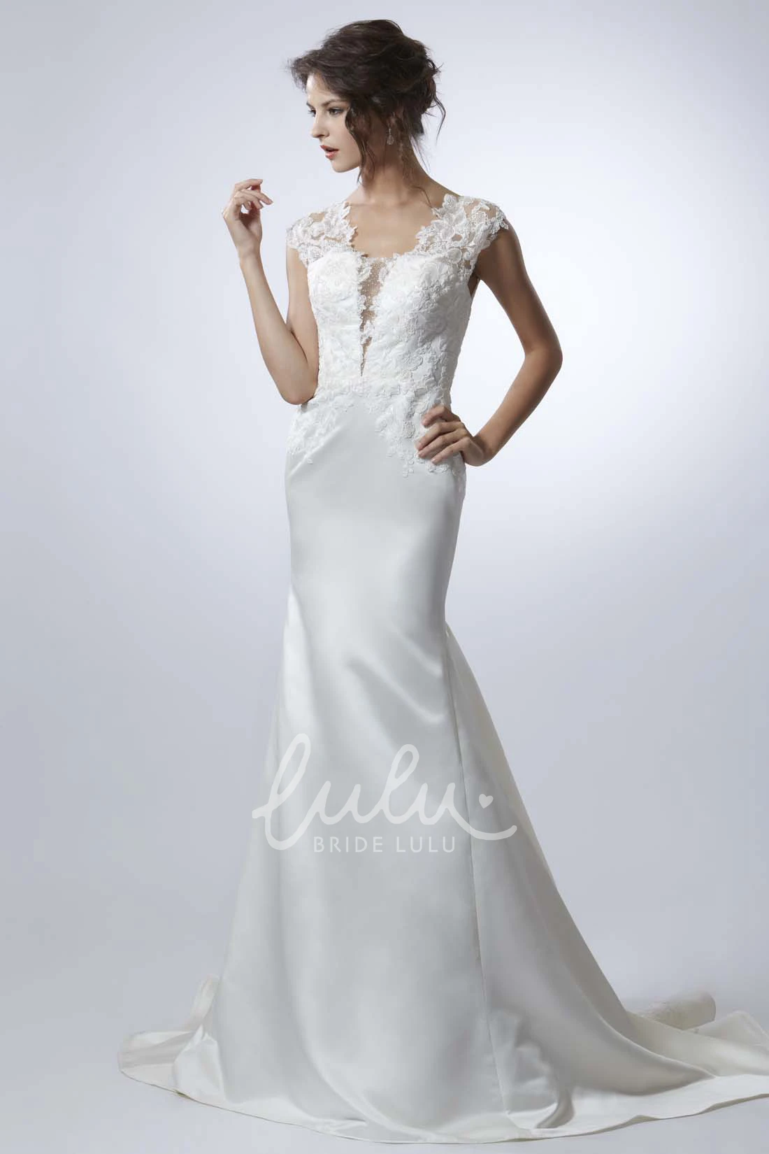 Cap-Sleeve V-Neck Taffeta Wedding Dress with Illusion Elegant Sheath Style