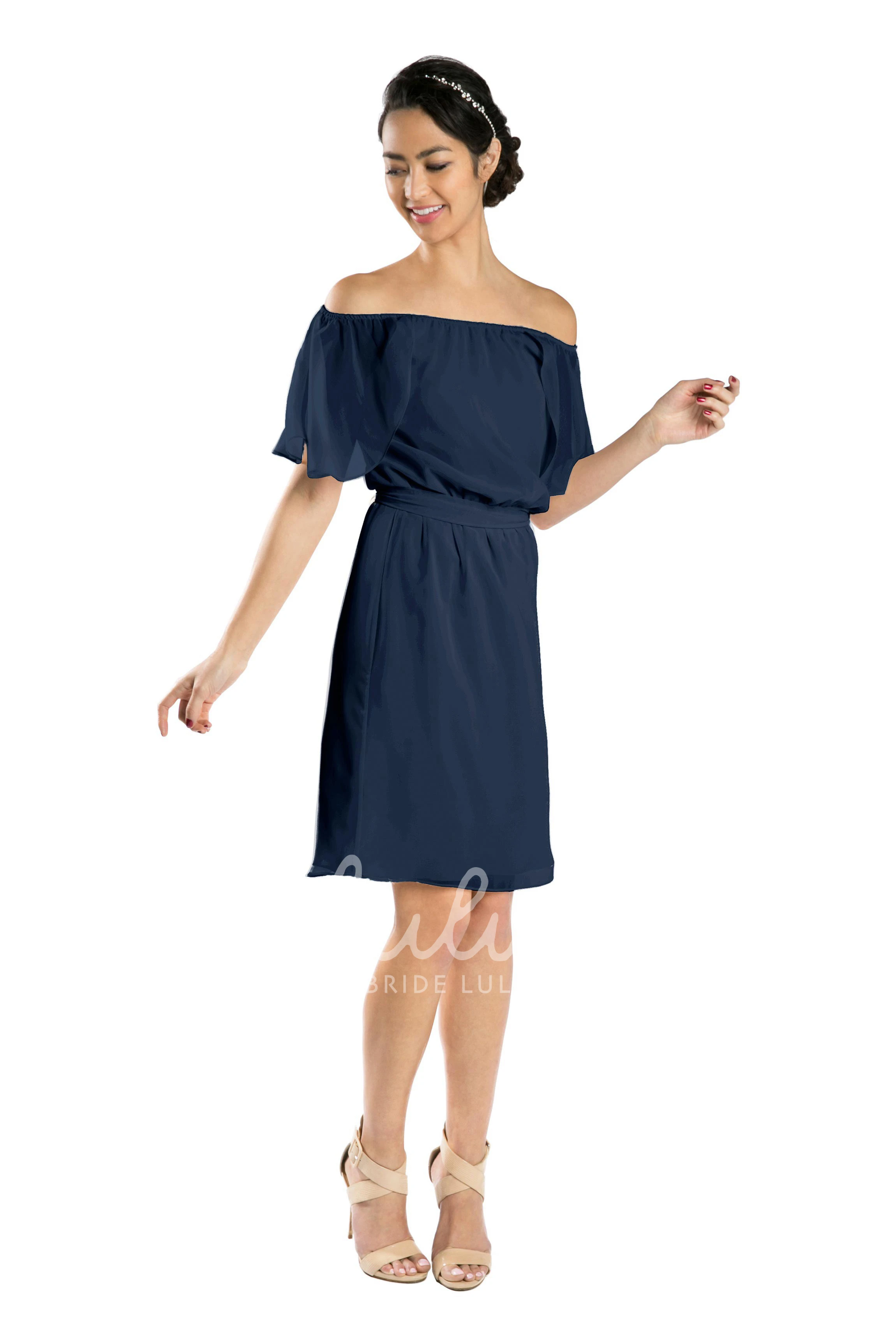 Off-The-Shoulder Knee-Length Chiffon Bridesmaid Dress in Multi-Color Short Sleeves and Bow Detail