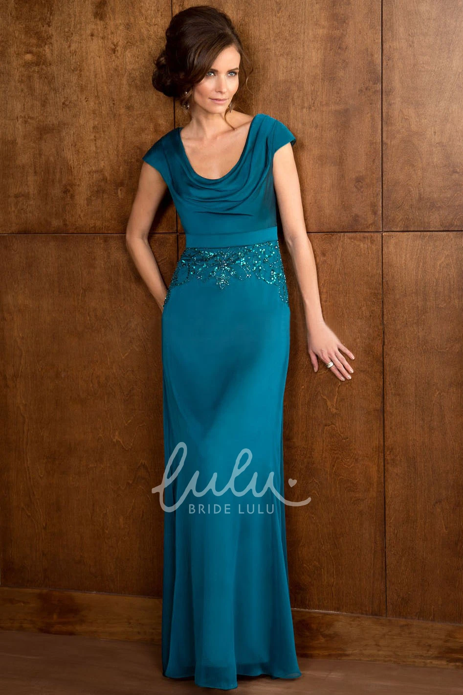 Draped Neckline Mother Of The Bride Dress with Sequins Long Cap Sleeves