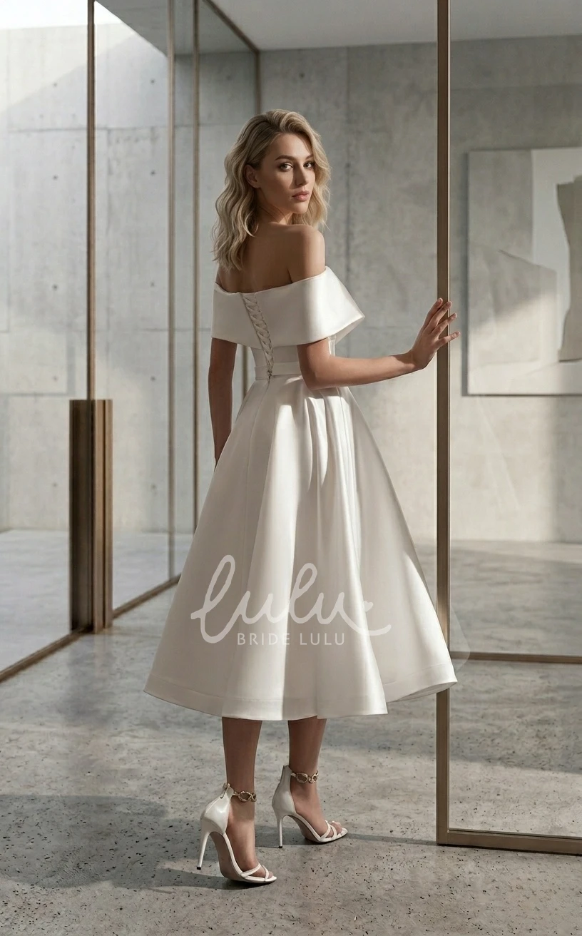 Modern A-Line Tea-length Wedding Dress Minimalist Off-the-Shoulder Criss Cross Satin Gown