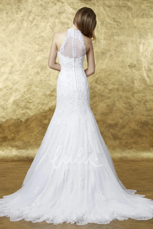 Sleeveless Lace Wedding Dress with Illusion Back and Broach A-Line Floor-Length High Neck Applique