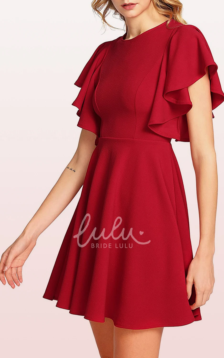 Jersey A-Line Dress Short Sleeve Modest Elegant Pleated Zipper