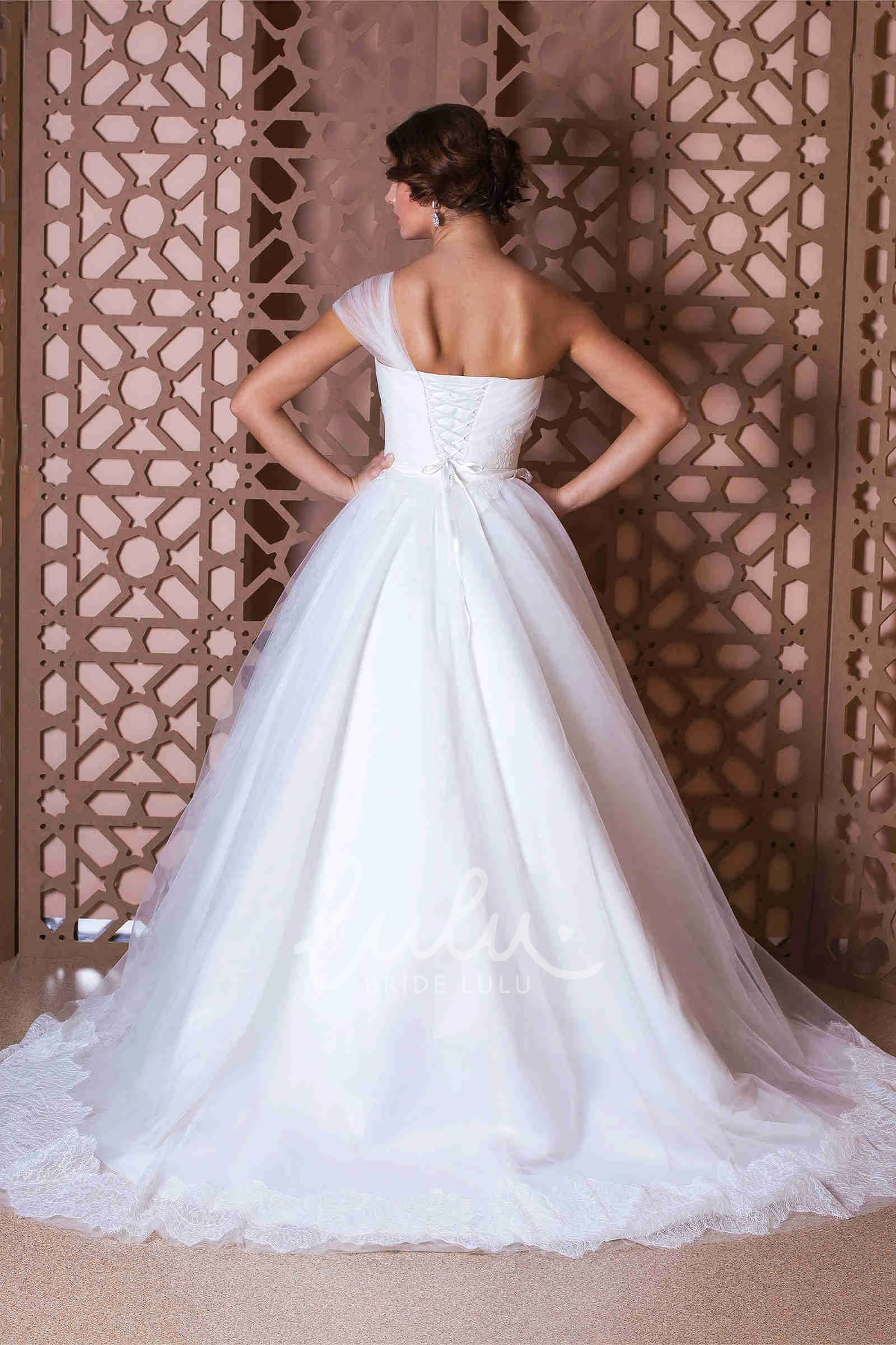 Tulle One-Shoulder Ball Gown Wedding Dress with Lace-Up Classy Bridal Gown