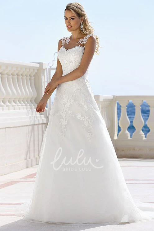 Long Satin V-Neck Wedding Dress with Illusion and Appliques