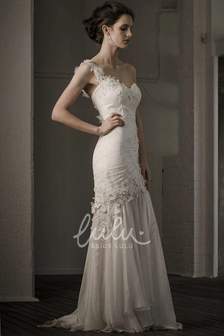 Sheath One-Shoulder Lace Wedding Dress with Pleats and Flowers