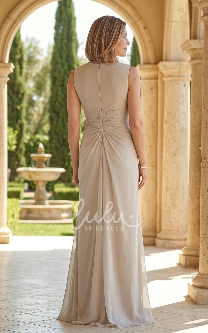 Mother of Bride Modest Casual Elegent V-Neck Sheath Chiffon Sweep Train Ruching Dress