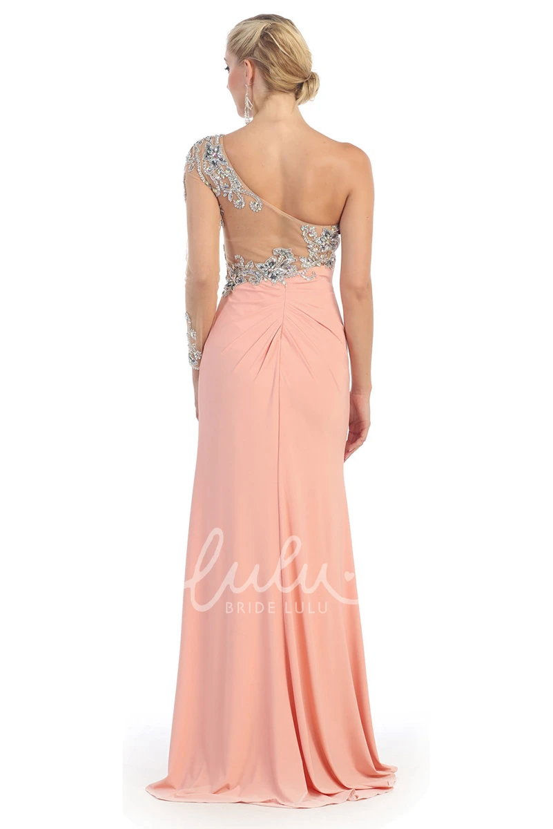 One-Shoulder Jersey Formal Dress with Split Front and Beading Sheath Long Sleeve