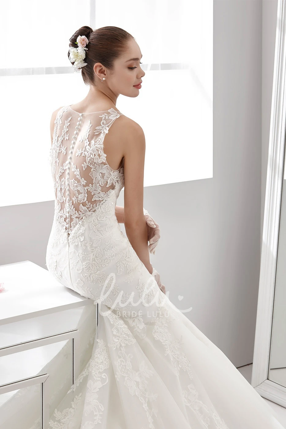 Lace Mermaid Wedding Dress with Illusive Straps and Brush Train