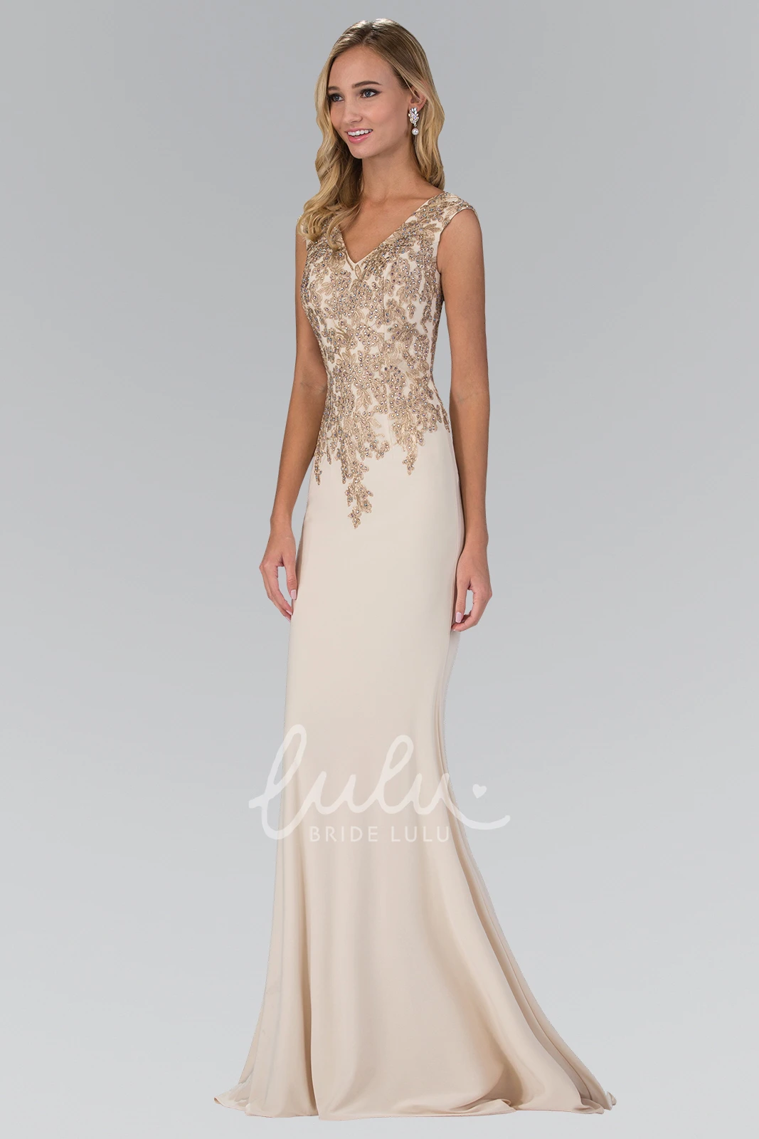 V-Neck Applique and Beaded Jersey Formal Dress