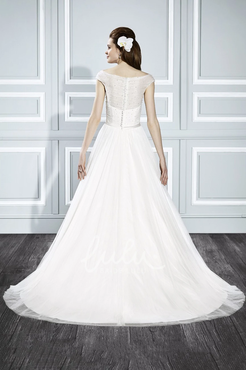 Cap Sleeve V-Neck Tulle Wedding Dress with Ruching A-Line Style