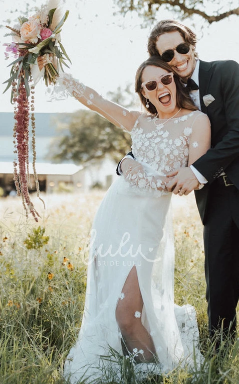 Simple Chiffon Bateau Wedding Dress with Appliques and Split Front Sheath Wedding Dress